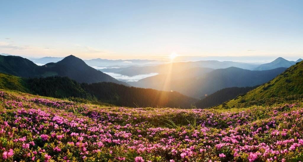 Suset time. Majestic Carpathian Mountains. Beautiful landscape of untouched nature